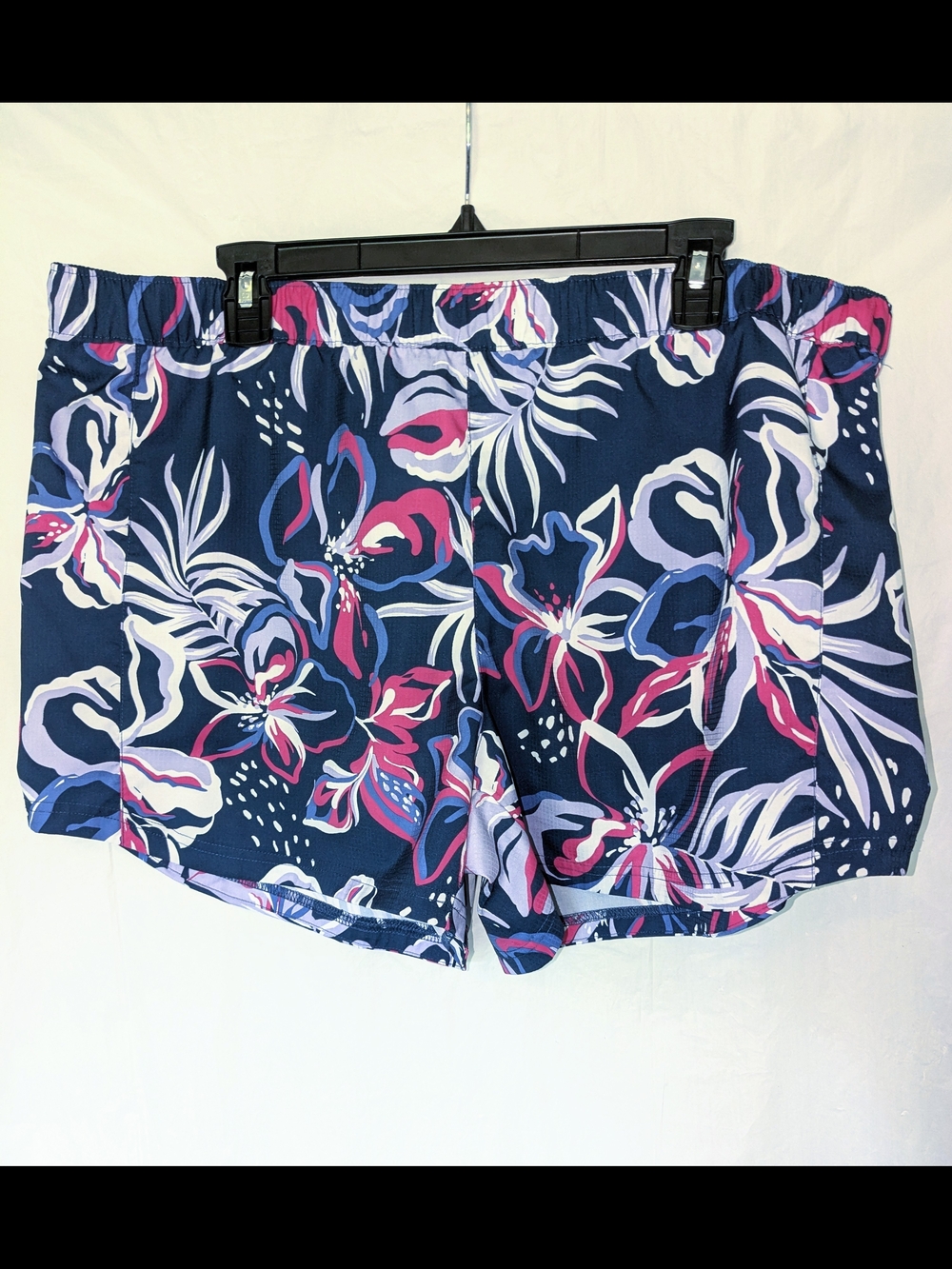 Navy Floral Athletic Shorts with Pink Purple White Tropical Floral